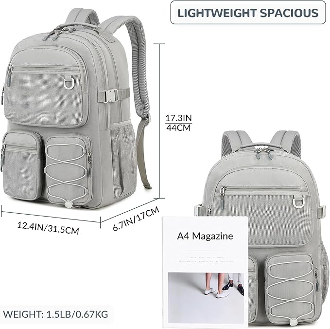 Lohol Water Resistant Daypack with Mulitiple Pockets for School Travel Outdoor College, 15.6 inch Laptop Backpack for Men and Women (Grey
