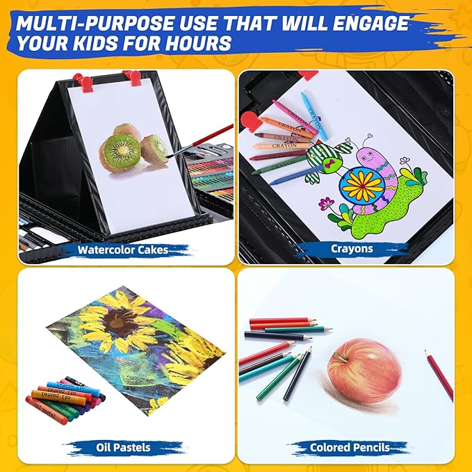 All in One Art Supplies, Art Kit Includes Easel, Origami Paper, Colored Pencils, Crayons, Drawing Book, Coloring Book, Watercolor Pens, Markers and Oil Pastels, Gifts for Girls Boys Teens, Black