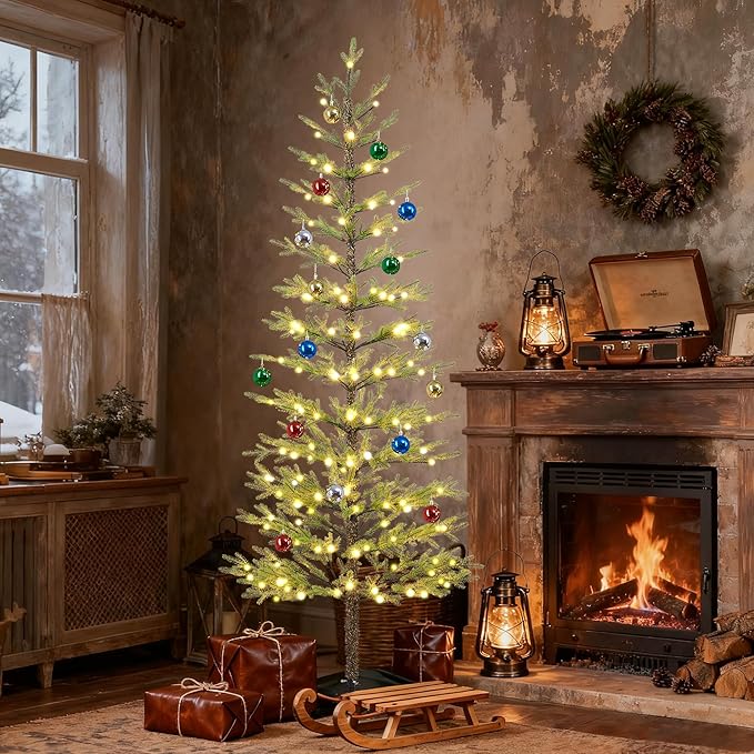 Lightshare 7.5FT 180L Warm White Pine Needle Christmas Tree with Ornaments, Remote & Dimmable Transformer
