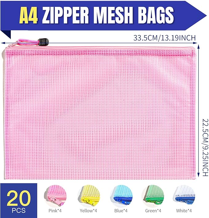 LEOBRO 20PCS Mesh Zipper Pouch, A4 Letter Size Mesh Bags with Zipper, Document Bags, Plastic Envelopes Zip File Folders, Storage Bags for Organization, Travel, File Jackets & File Pockets