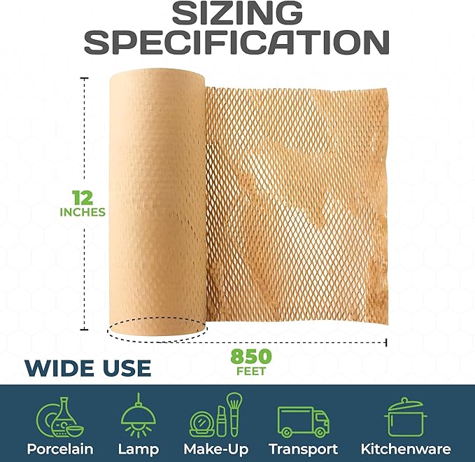 HexcelPack HexaFil Mini - Honeycomb Packing Paper, Eco-Friendly, Sustainable Filler for Shipping & Moving, Cushioned Packing Material in Dispenser Box, Alternative to Bubble Wrap - Natural, 12" x 850'