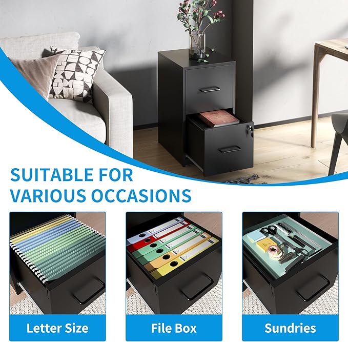 2 Drawer File Cabinet, Metal Vertical Filing Cabinet Under Desk Storage, Small Locking File Cabinets for Home Office, Easy Assemble(Black)