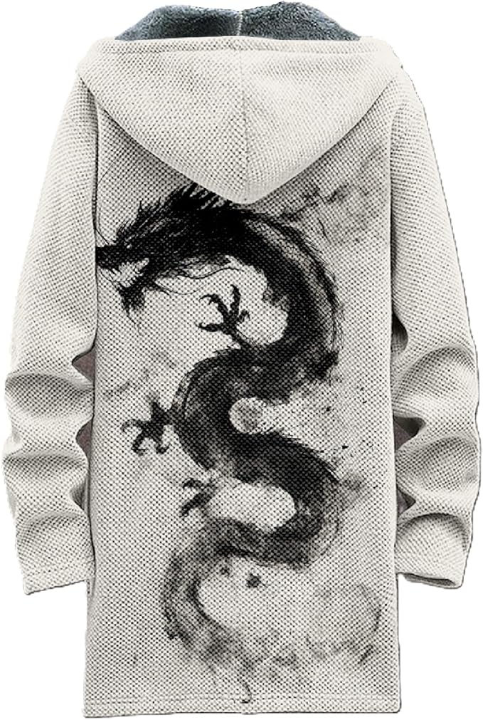 MARSVOVO Mens Cardigan Sweater Cool Graphic Lined Fleece Long Coat Zip With Pockets Fashion Coat Warm Fitted Jacket