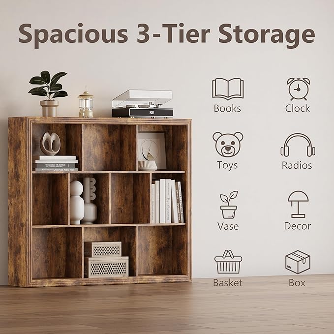 Wooden 10-Cube Storage Organizer, 3-Tier Bookshelf, Wood Brown Bookshelf, Bookcase, Cubical Storage Shelf with 3 Removable Back Panels for Bedroom Home and Office (Brown)