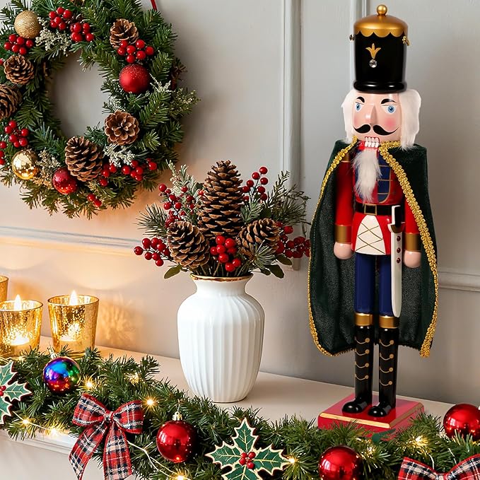 Nutcracker Christmas Decor, 18" Wooden Nutcracker Soldier Christmas Decoration Home Mantle Table Fireplace Christmas Ornaments for Festival Party(18" Fur Sword Nutcracker)