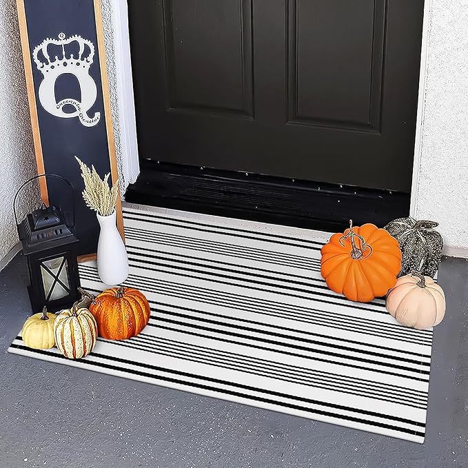 OJIA Christmas Front Door Mats Outdoor 24"x35", Cotton Woven Holiday Doormat Front Door Rug Washable Indoor Door Mat Black and White Outdoor Rugs Striped Rug for Porch Decor/Farmhouse/Entryway