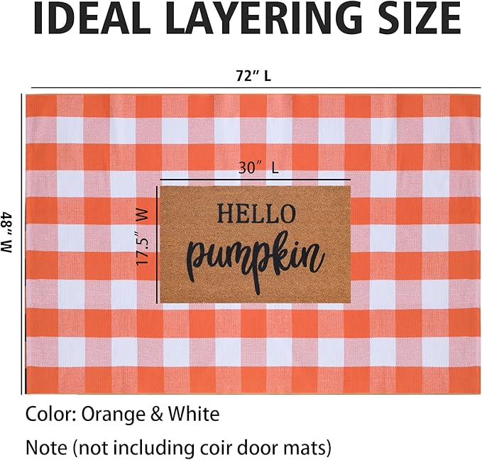 Orange and White Plaid Rug, 4' x 6' Fall Outdoor Front Door Decor Mat, Cotton Washable Hand-Woven Rug for Layered Doormat, Autumn Halloween Thanksgiving Carpet for Porch, Entryway