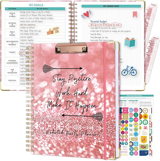 Ospelelf Undated Spiral Bound Planner Daily, Weekly and Monthly Planner, Pink Teacher Planners 12 Month 8.5 x 11