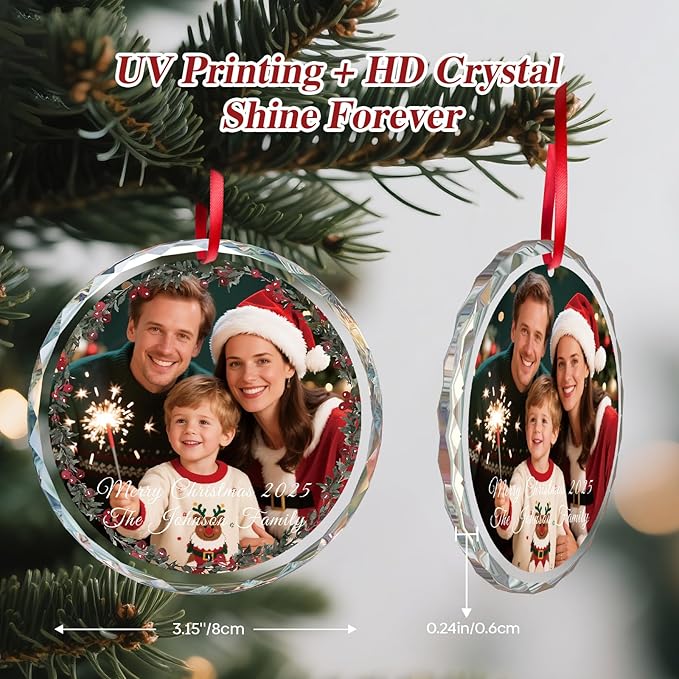 Personalized Christmas Ornaments 2025 for Familie, Custom Christmas Ornaments, Crystal Photo Ornament for Xmas, Wedding, Anniversary, Personalized Gifts for Family, Kids, Couple, Pet (3.15”)