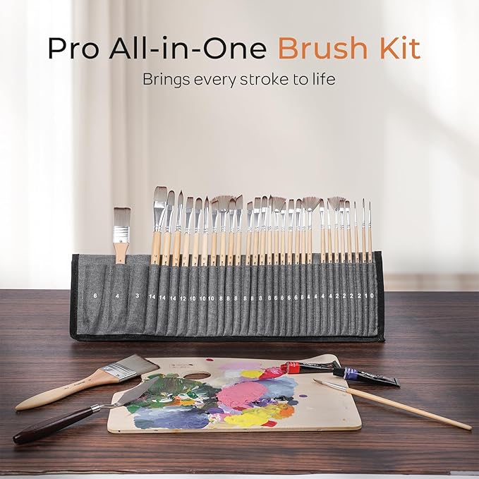 Nicpro 32pcs Paint Brush Set, Professional Paintbrushes with Paint Spatula and Cloth Roll, Craft Paint Brushes for Acrylic Painting, Oil, Watercolor, Gouache, Art Supplies for Artists Beginners
