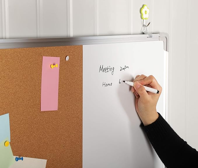 Combination Whiteboard Bulletin Board Set - Dry Erase/Cork Board 30x20 in with 1 Magnetic Dry Eraser, 4 Markers, 4 Magnets and 10 Thumb Tacks - Combo Tack Board White Board for Home Office Desk