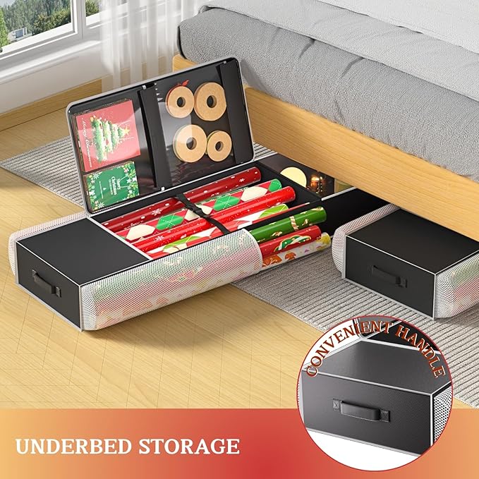 Ofiray-home 2-in-1 Wrapping Paper Organizer Storage, Over Door or Under Bed Organizer with Removable Drawer & 4 Clear Pockets Wrap Storage for Ribbons, Bows, Ornament and Other Tools