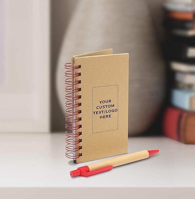 Custom Mini Spiral Notebooks with Black Ink Pens Set of 100, Personalized Bulk Pack - Perfect for School, Office, Business, Home - Red