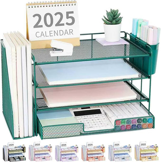 OPNICE Desk Organizer and Accessories, 4-Tier Desktop File Organizer with Drawer and 2 Pen Holders, Office Desk Accessories, File Sorters, Workspace Organizers for Office Supplies(Dark Green)