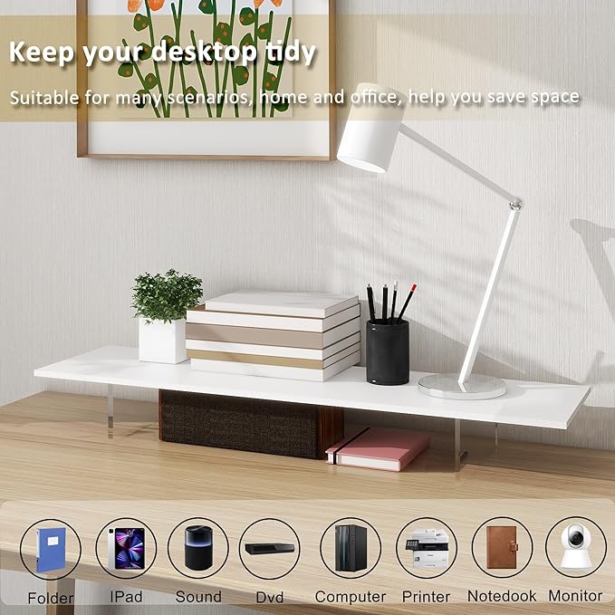 Monitor Stand Riser,Wood & Acrylic Computer Monitor Stand with LED Light,Desk Accessories Desktop Organizer Stand for Computer,Laptop,Printer,PC & TV Screen Riser… (All White)