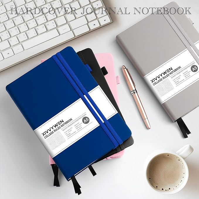 Lined Journal Notebook for Women Men, 352 Pages A5(5.7" x 8.3")College Ruled Hardcover Leather Journals for Writing, Daily Journal Notebooks for Work, Note Taking, Travel, School, Business (Navy blue)