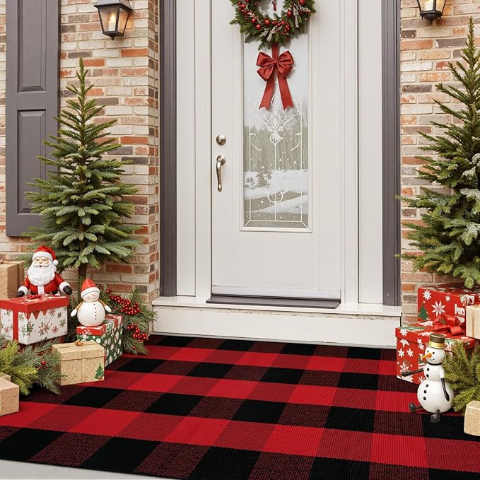 OJIA Christmas Outdoor Rug 3'x5', Red Plaid Front Door Mat Outdoor Area Rug Washable Cotton Outside Door Mats Layered Doormats Cotton Floor Carpet for Porch/Patio/Farmhouse/Entryway/Kitchen/Foyer