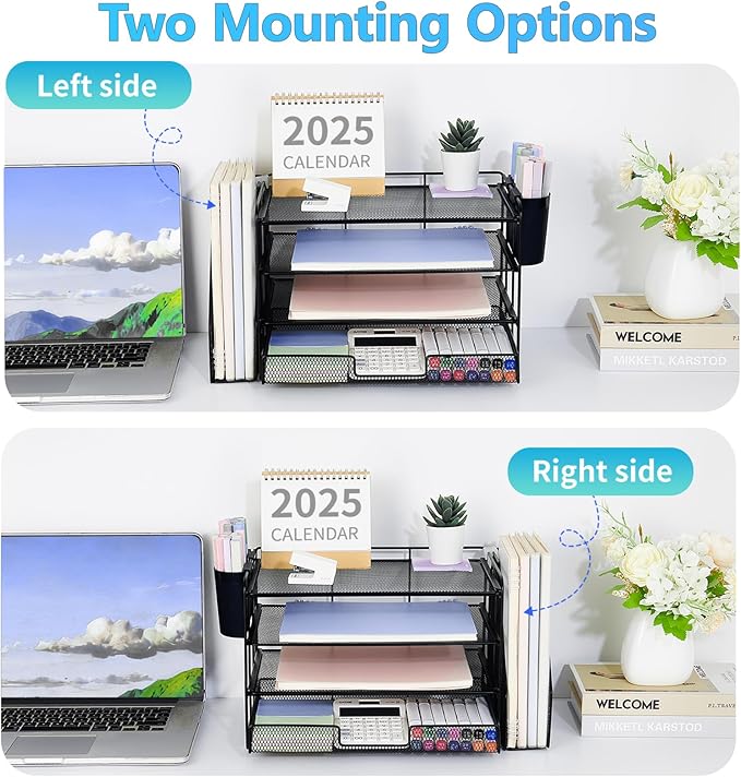 OPNICE Desk Organizer and Accessories, 4-Tier Desktop File Organizer with Drawer and 2 Pen Holders, Office Desk Accessories, File Sorters, Workspace Organizers for Office Supplies(Black)