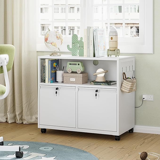 Letaya Mobile 2 Drawer File Cabinet with Lock, Metal Lateral Printer Stand Filing Storage Cabinets with Shelves for Home Office-A4/F4/Letter (White)