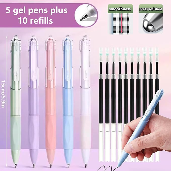 42 Pcs Big Capacity Pencil Pouch with Aesthetic School Supplies, 12 Pastel Highlighters, 5 Black Ink Gel Pens, 6 Mechanical Pencils Set 0.5 & 0.7mm, Sticky Notes, Stationary Set for Student(Black)