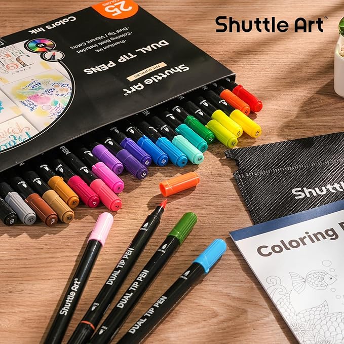 Shuttle Art Dual Tip Brush Marker Pens, 25 Colors Water-based Ink, Fine and Brush Tip Marker Set with 1 Coloring Book for Kids Adult Artist Calligraphy Hand Lettering Journal Doodling Writing