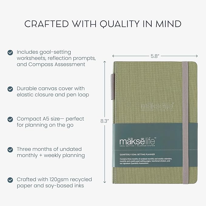 MäksēLife 90-Day Quarterly Planner - Entrepreneur Goal Setting & Project Management, Undated 3-Month Productivity Planner for Small Business Owners, Green