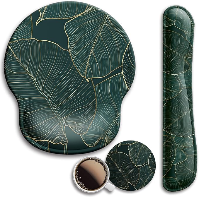 Mouse Pad and Keyboard Wrist Rest Support, with Non-Slip PU Base,Gel Mouse Pad with Coaster,Pain Relief for Gaming, Computer,Office -Green Leaves