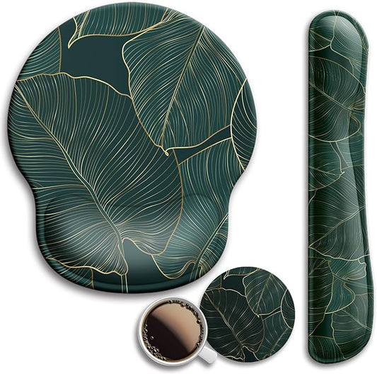 Mouse Pad and Keyboard Wrist Rest Support, with Non-Slip PU Base,Gel Mouse Pad with Coaster,Pain Relief for Gaming, Computer,Office -Green Leaves