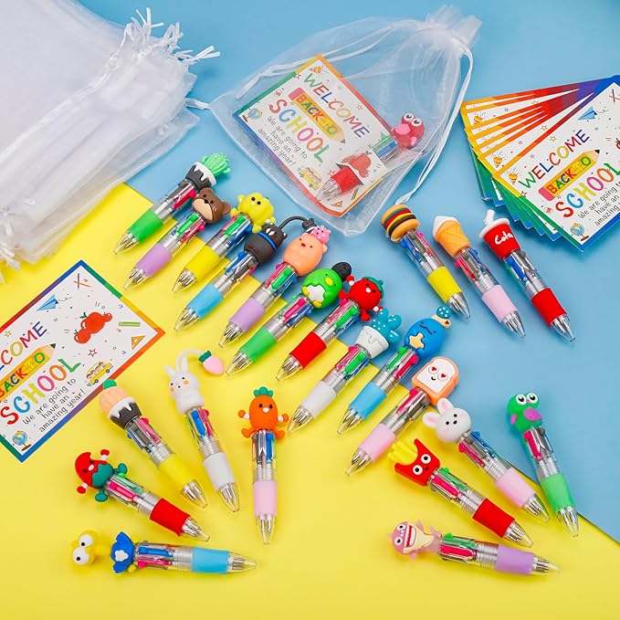 CZWZ 30 Set Cute Multicolor Pens in One 4-in-1 Fun Pens Bulk with 30 Gift Cards for Kindergarten Party Welcome Back To School Student Gift Bulk Office School Exchange Gifts