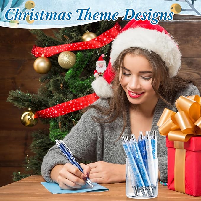Thenshop 50 Pcs Christmas Pens Bulk Retractable Snowflake Ballpoint Pens Black Ink Winter Xmas Snowflake Pattern Appreciation Christmas Gifts Office Supplies Stationery for Xmas Party Writing