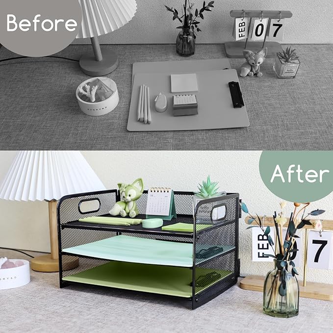 Paper Letter Tray with Handle, 3 Tier Metal Mesh Desk File Organizer, A4 Paper Desktop Filing Trays, Desk Tidy Magazine Document Holder for Home Office, Black