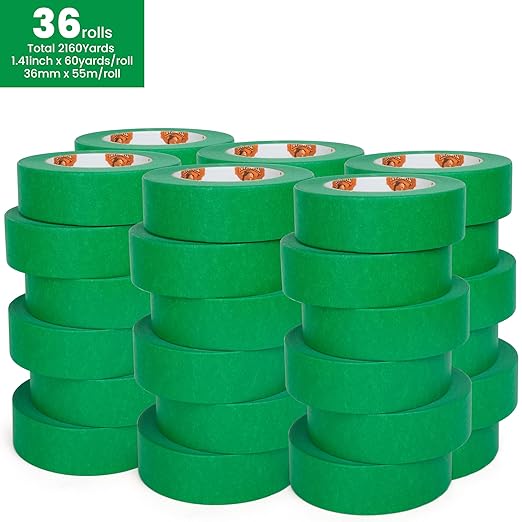 TAPEBEAR Green Painters Tape Multi-Surface Masking Tape 1.41 inch x 60 Yard, Indoor and Outdoor Painting Tape, Residue Free Easy Removal with Sharp Lines, Paint Tape for Walls, Auto, Home, 36Rolls