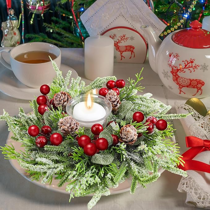 Lyrow 24 Pcs Christmas Candle Rings Wreath Xmas Kitchen Cabinet Mini Wreath Artificial Berries Snowy Pine Candle Ring Holder for Christmas Chandelier Home Table Centerpiece Indoor Decor