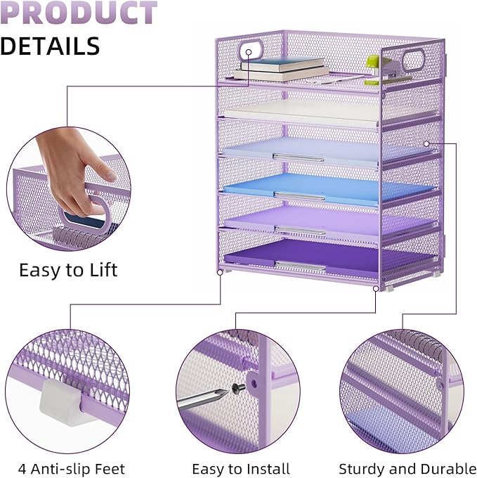 Marbrasse 6 Tier Paper Organizer - Mesh Desk File Holder with Handle, Letter/A4 Paper Sorter - Purple