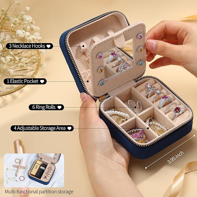 Parima Plush Velvet Jewelry Box Organizer - Personalized Portable Travel Essentials for Women, Birthday Gifts for Teen Girls, Monogrammed Letter H, Navy Blue