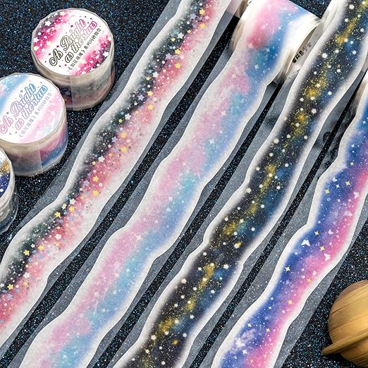Galaxy-Themed Washi Tape Set, 4 Rolls of Decorative Glitter Tapes for Scrapbooking, Junk Journaling, DIY Crafts, and Art Supplies