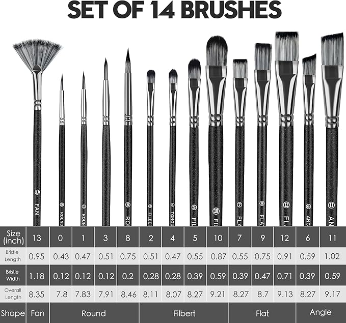 Paint Brushes 14PCS Set - Bougimal Professional Wood Paint Brush for Acrylic/Watercolor/Oil Painting, Kids & Adults Detailing Brush - Art Supplies Great for Canvas, Fabric, Rock, Face Painting