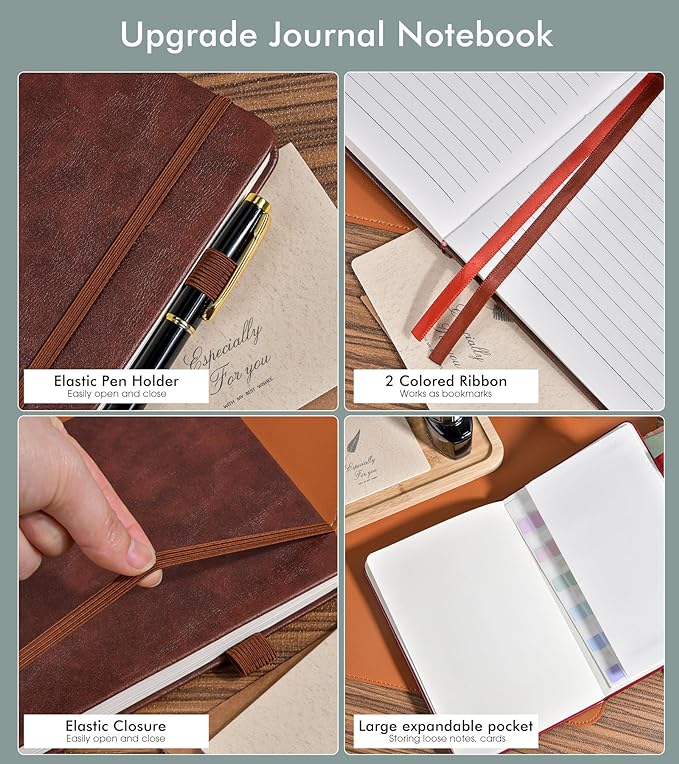 Lined Journal Notebook for Men Women, 200 Numbered Pages Leather Hardcover Journal with Pen, A5 Journaling Notebooks, Thick Paper College Ruled Journals for Writing Work Business 5.75'' X 8.38'' Brown