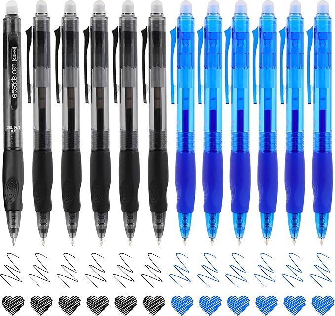 USUAL Retractable Erasable Pens 12 Colored Erasable Gel Pen 0.5mm Erasable Gel Pens Black Make Mistakes Disappear Smooth Writing Pen Office Back-to-School Supplies (6 Black 6 Blue)