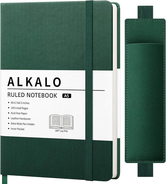 Lined Journal Notebook for Work, A5 Leather Notebook with Pen Sleeve, 100GSM/160 Pages Thick Paper, Daily Journals for Writing, School, Note Taking, Business, Travel, College Ruled