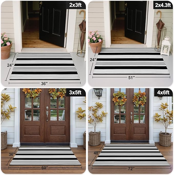 OJIA Black and White Outdoor Rug 4x6 ft Cotton Woven Patio Rug Machine Washable Front Door Mat Indoor/Outdoor Area Rugs Floor Mat for Farmhouse/Front Porch/Lawn/Living Room