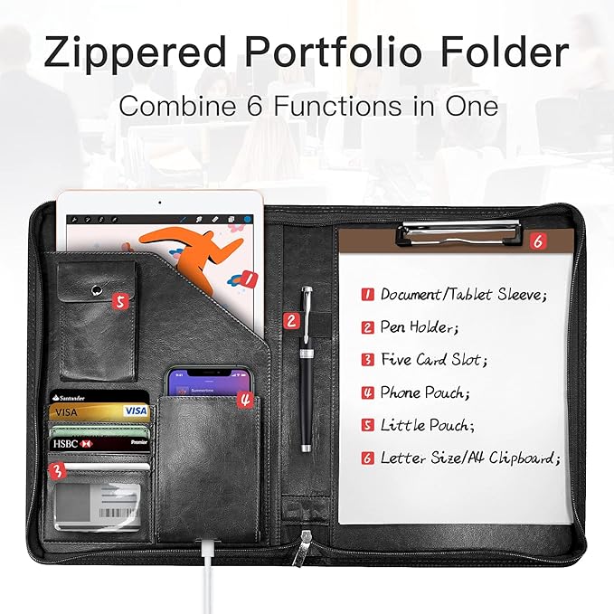 Zippered Padfolio Organizer, WRIYES Leather Planner Binder, 10.2 Inch Portfolio Folder for Documents, Letter Size Business Card Holder for Men&Women (Black)