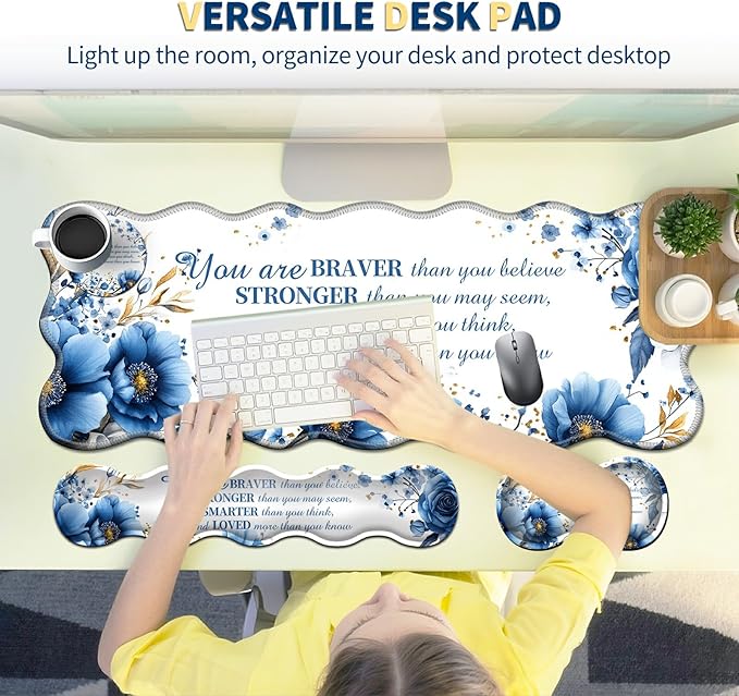 4-Piece XXL Gaming Mouse Pad Set (31.5"x11.8") with Keyboard Wrist Rest,Mouse Wrist Support & Coaster,Ergonomic Non-Slip Desk Mat for Office & Home,Bule Flower Quotes