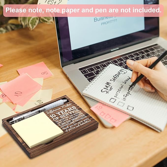 10th Work Anniversary Appreciation Gifts, 10 Year Work Anniversary Thank You Gifts, Sticky Note Holder, Post-it Note Dispenser for Desk, Wooden Post-it Note & Pen Holder 6.5" x 4.7" - FTA113