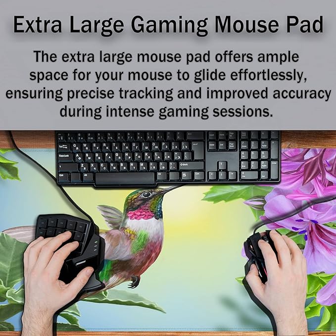 Large Gaming Mouse Pads Hummingbird Desk Mats, Mouse?Mat XXL Desktop Mat, Desktop Mouse Pad Non-Slip Rubber Base Waterproof with Stitched Edges, 35.4 X 15.7 inch for Work/Game/Office/Home
