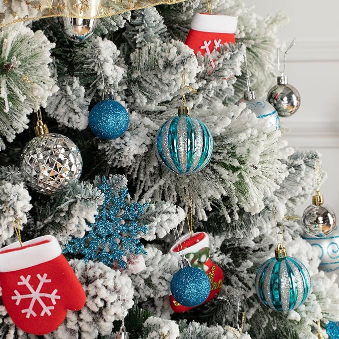 Light Blue and Silver Christmas Ornaments Set, Assorted 110Pcs Balls Ornaments for Xmas Tree, Shatterproof Plastic Baubles Hanging Decorations for Holiday/Party/Wedding