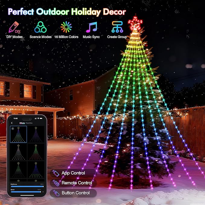 Outdoor Christmas Decorations, 12FT Smart RGB Color Changing Christmas Hanging Waterfall String Lights, APP Remote Control, DIY Multi-Color Lightshow, Music Sync, Outside Xmas Lights Decor