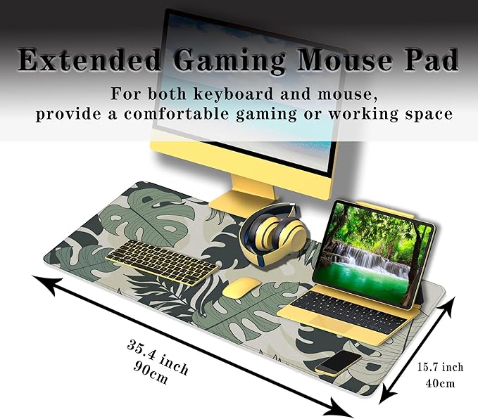 Large Mouse Pad Long Mousepad Desk Mouse Pads Keyboard Mats Gaming Mouse Mat Non-Slip Rubber Base Waterproof with Stitched Edges 35.4 X 15.7 for Game Office, Monstera Leaves