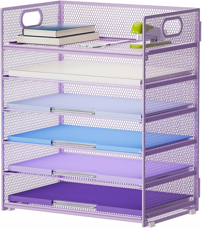 Marbrasse 6 Tier Paper Organizer - Mesh Desk File Holder with Handle, Letter/A4 Paper Sorter - Purple