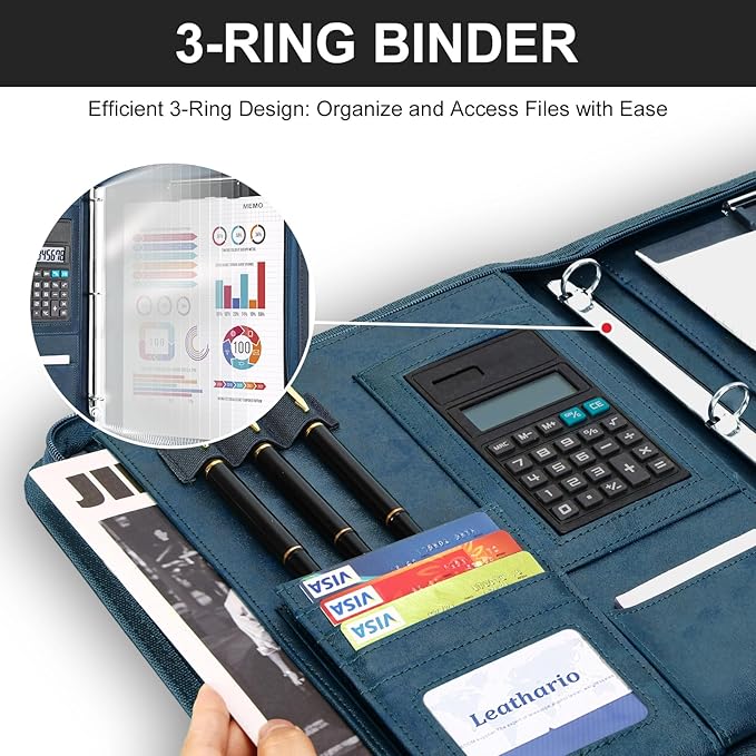 Leathario Portfolio Binder, 3-Ring Folder Organizer, Includes 5 Sheet Protectors and a Pen, Vegan Leather A4 Padfolio for Tablets, Business Conferences Professional Document Organizer, Office Supplies